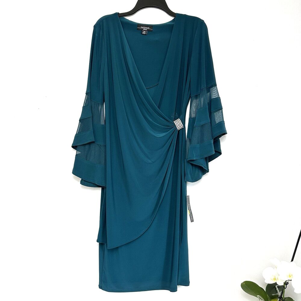NWT R&M Richards Women's 12 Petite Emerald Sheer Trim Angel Sleeve Wrap Dress
